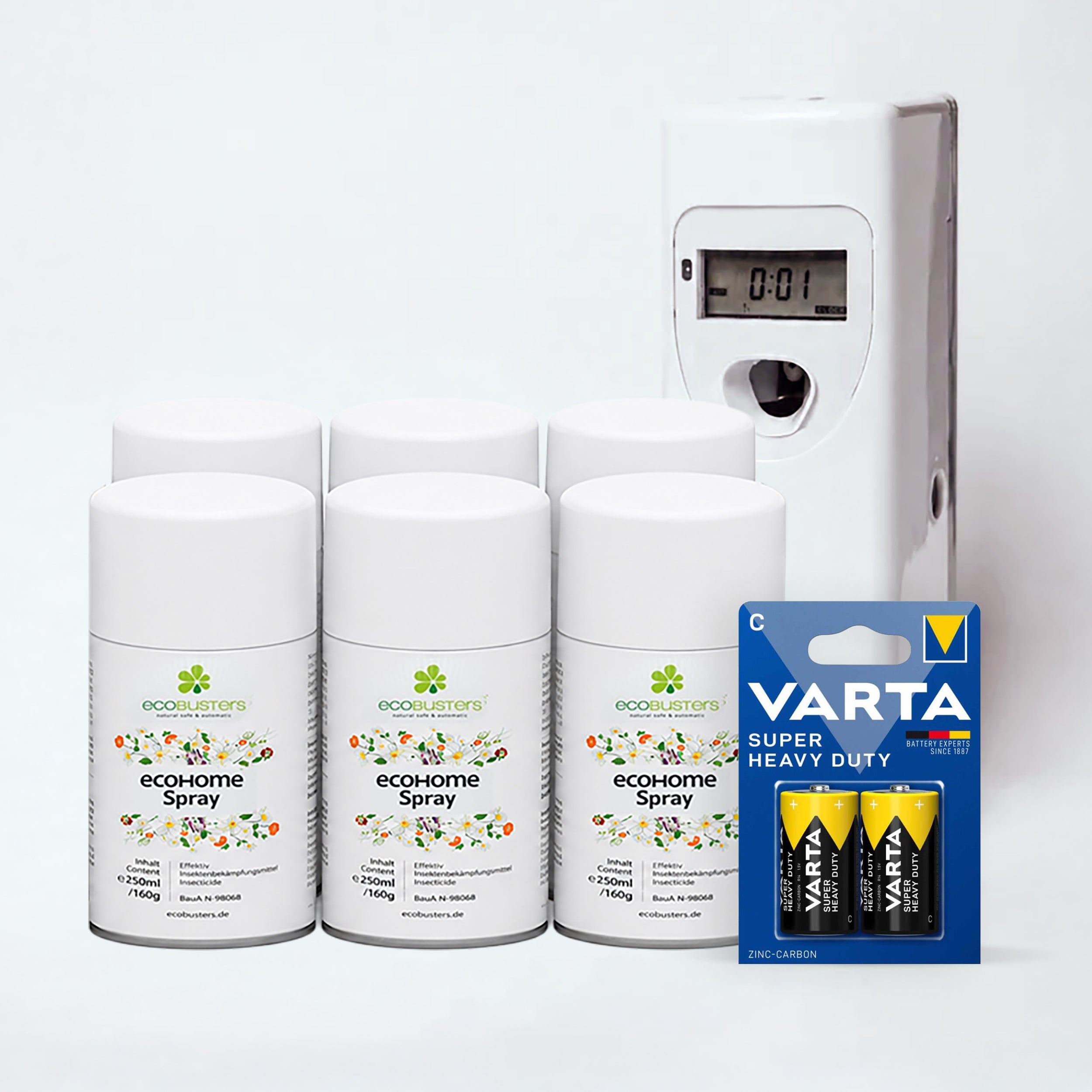 Maxi-Set: Sprühautomat + 6x 250ml EcoHome Spray + Batterien